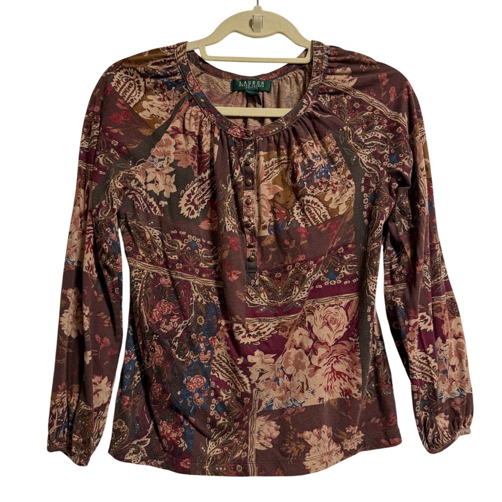Lauren Ralph Lauren Petite PM Patchwork Floral Paisley Cotton Henley Top Brown